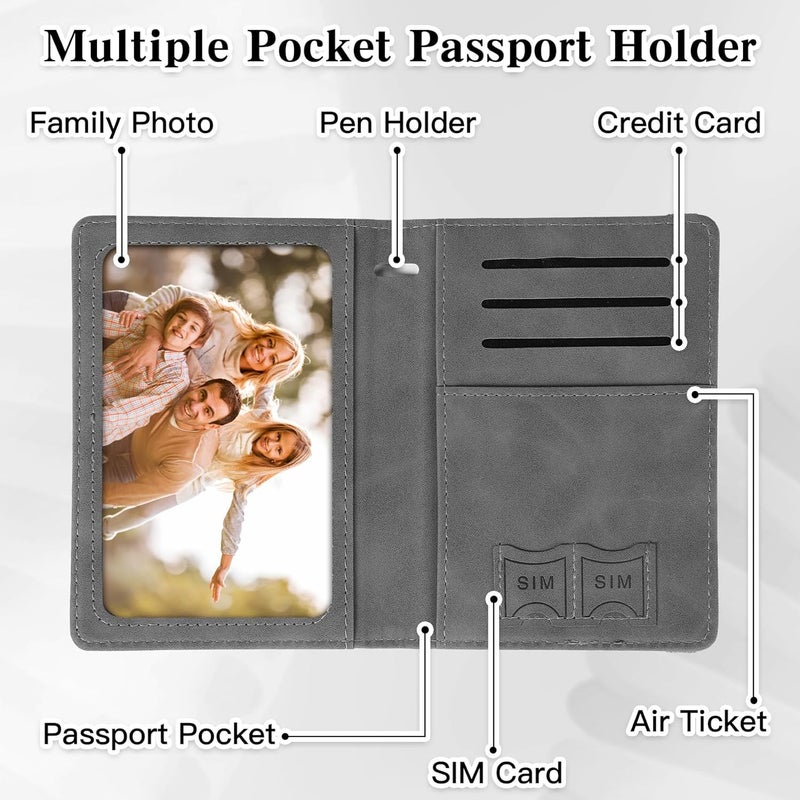 RHOttbiy Passport Holder for Travel, RFID Blocking Passport Cover with Pen Holder Leather Passport Wallet Case Travel Must Haves Accessories Passport Book Card Holder for Family Travel Essentials Gifts, Gray - Image 5
